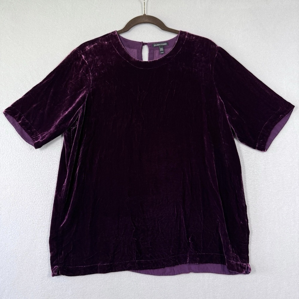 Eileen Fisher Top Women Medium Silk Blend Velvet Relaxed Fit Short Sleeve Velour